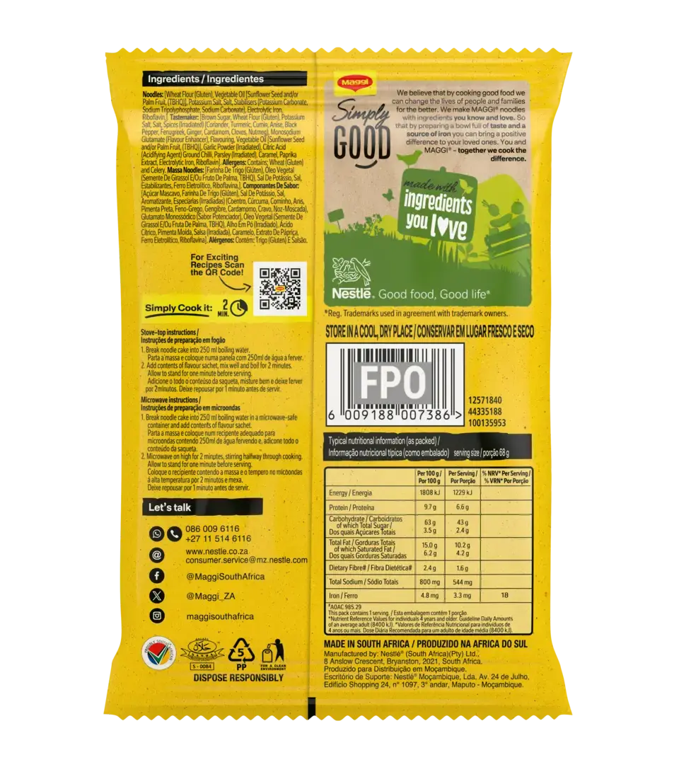 MAGGI 2 MInute Noodles - Durban Curry 68g - back