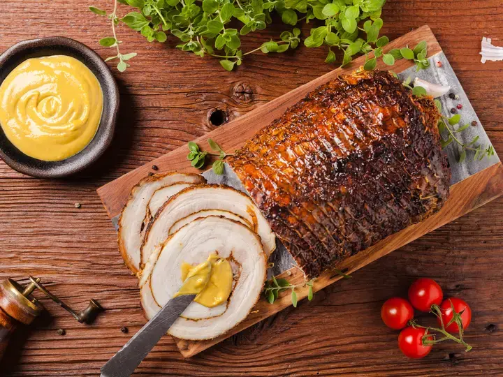 Roast Pork Belly with Mustard Cream and Apples