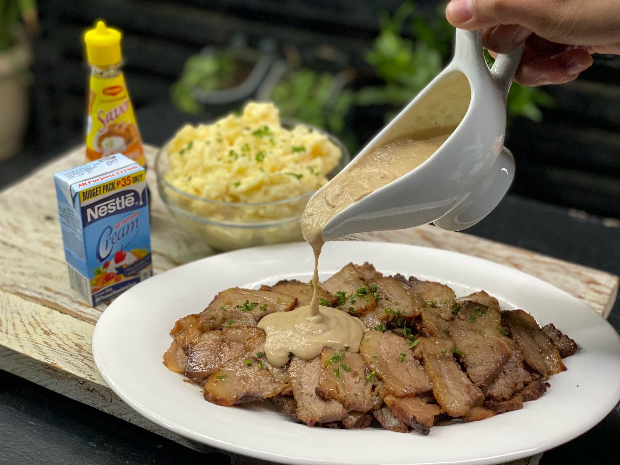 Litson Baka with Mushroom Gravy and Mashed Potato