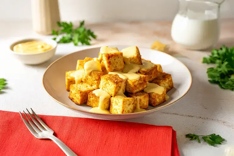 Tofu Squares with Creamy Cheese Sauce