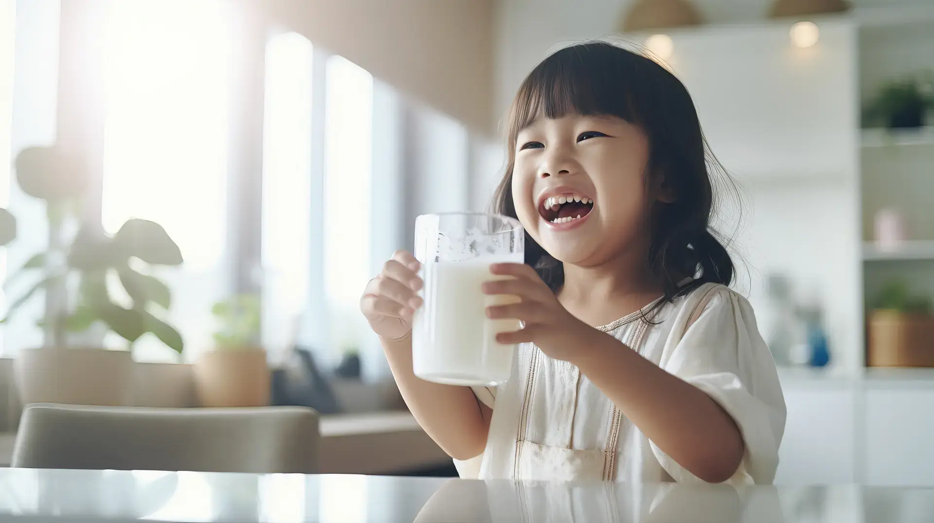 Batang umiinom ng gatas habang nag-aalmusal sa mesa.