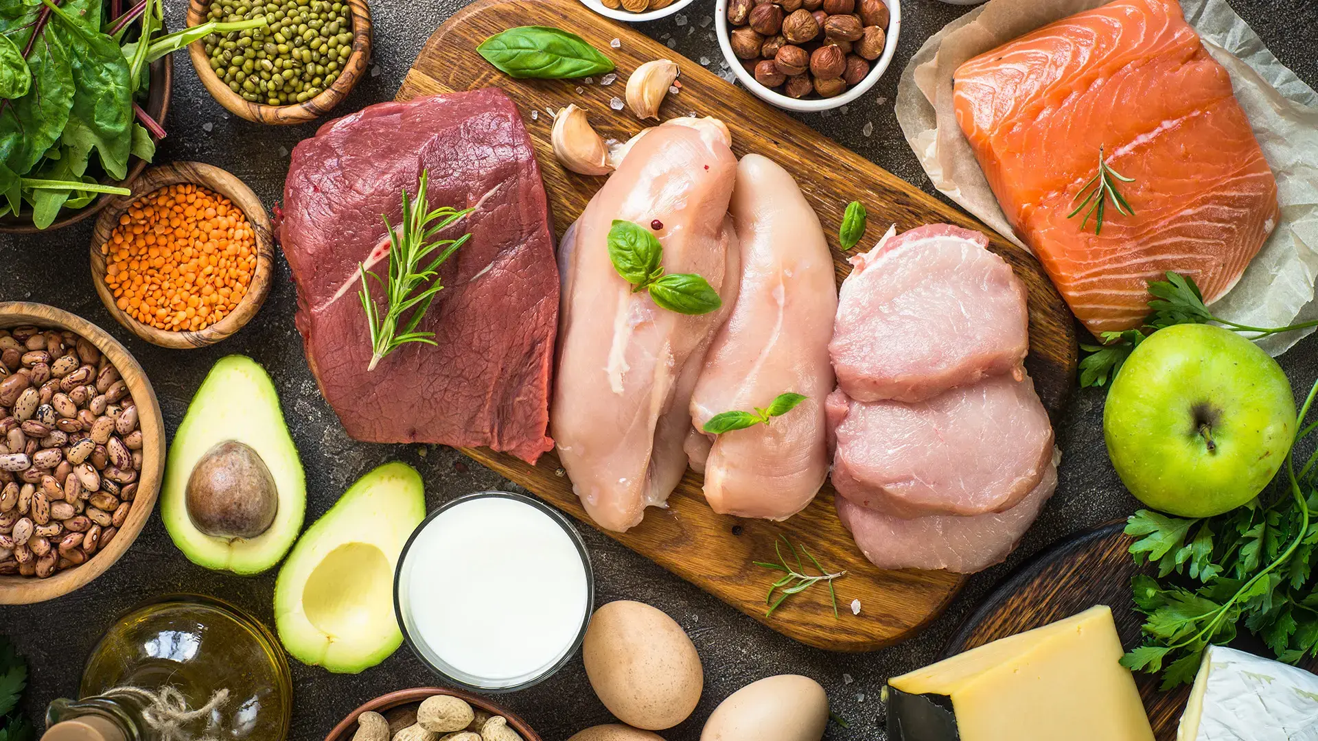 Protein sources - meat, fish, cheese, nuts, beans and greens