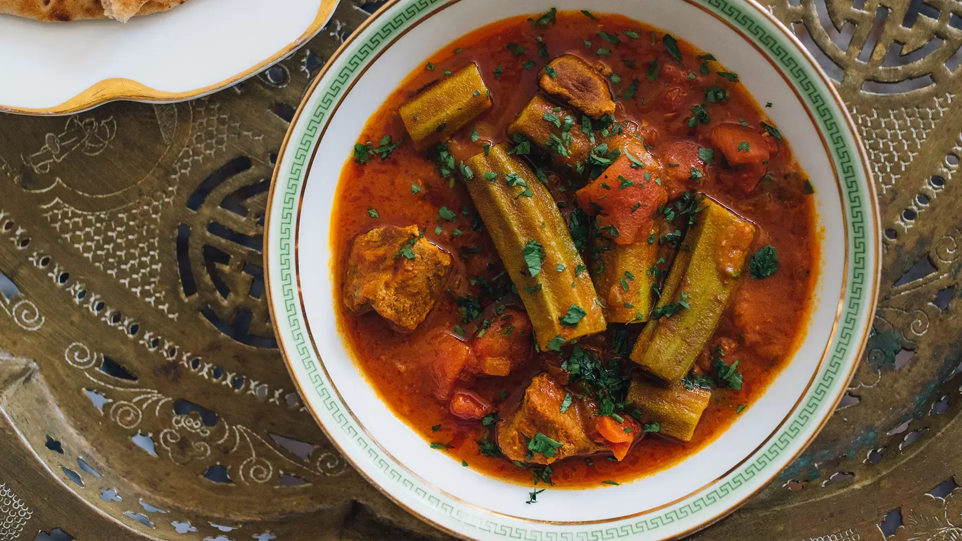 directly above view of Bamya Bamia okra beef middle eastern Persian Iraqi stew