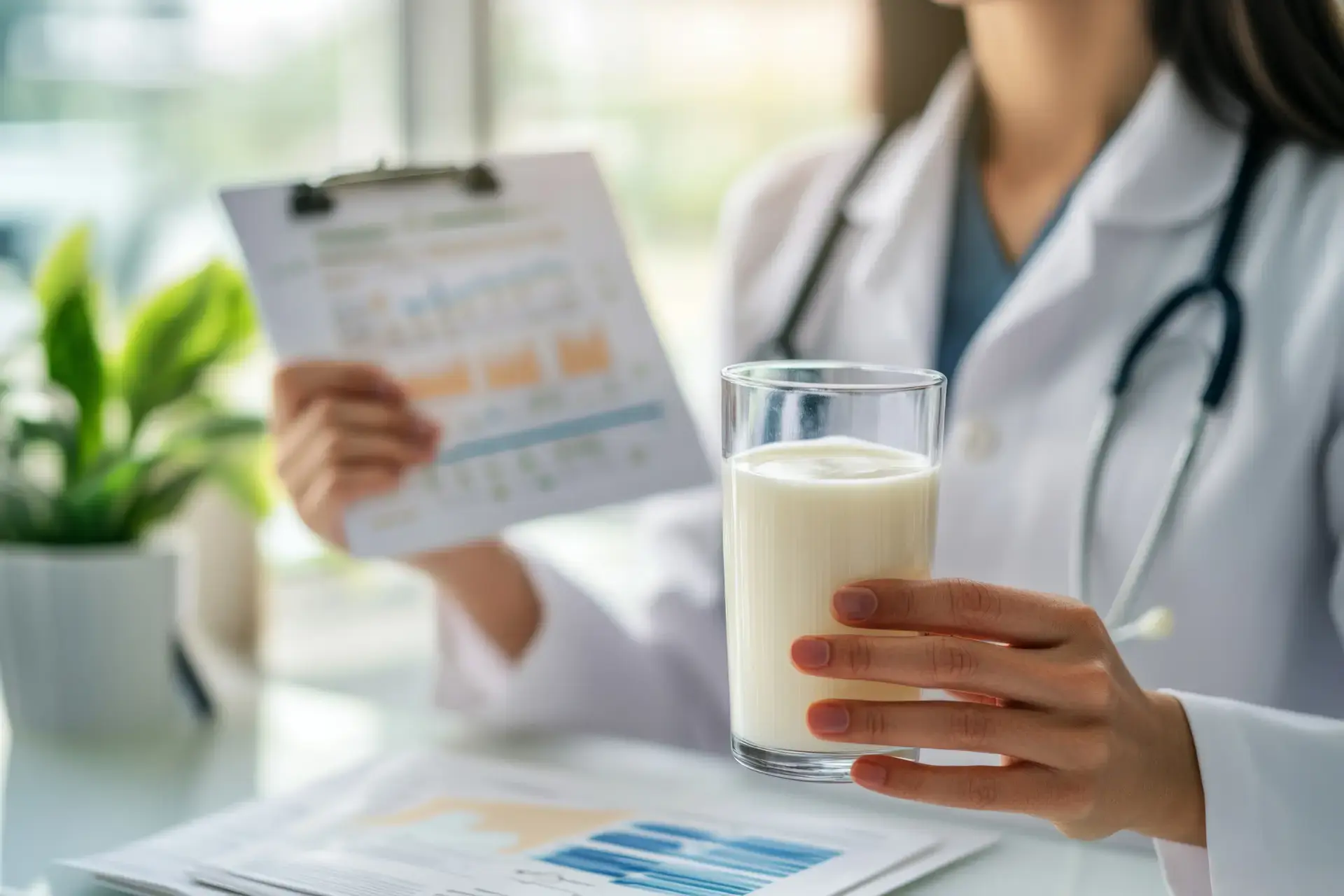 Doktor na nagpapaliwanag sa benefits ng  sterilized milk.