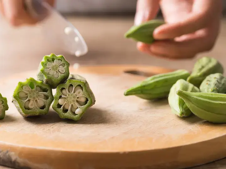 Hand holding knife and cutting green okra or ladies' fingers