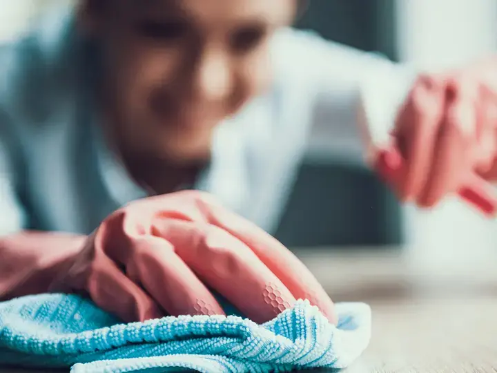 Young Smiling Woman in Gloves Cleaning House