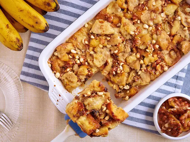 banana bread pudding with nuts on top