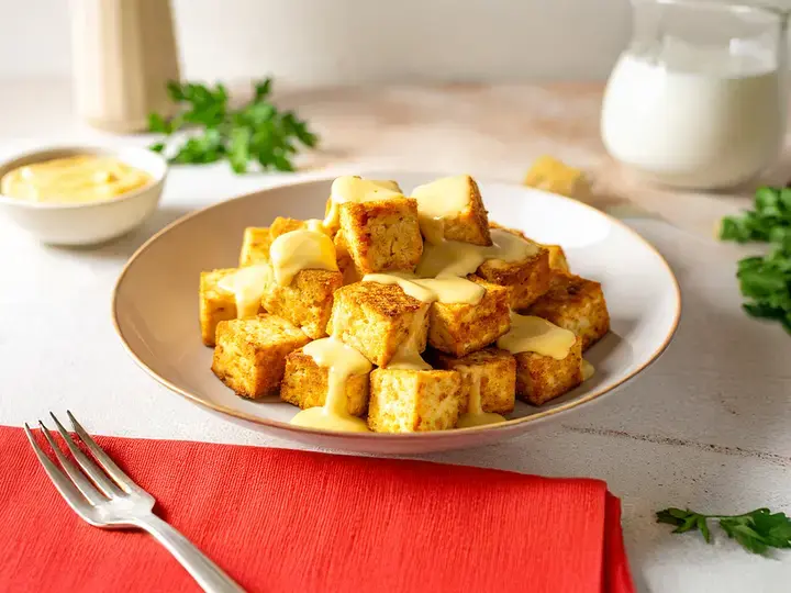 Tofu Squares with Creamy Cheese Sauce