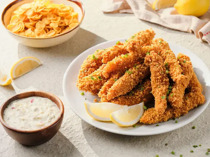 Corn Flakes Coated Fish Fingers with Garlic Cream Dip